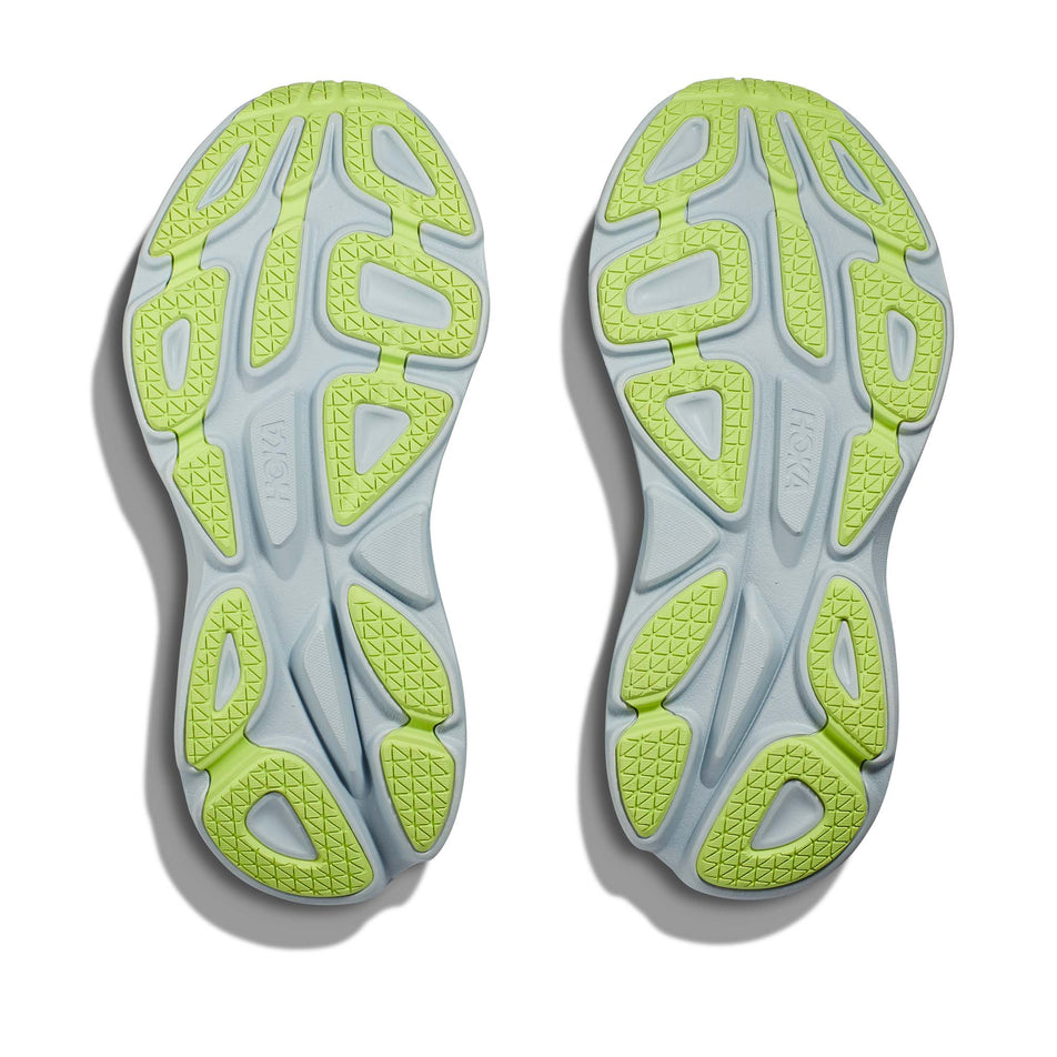 The outsoles on a pair of HOKA Women's Bondi 8 Running Shoes in the Shadow/Dusk colourway (8146244927650)
