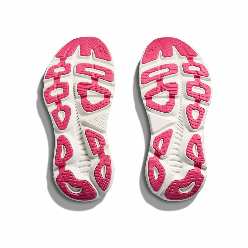 The outsoles of a pair of HOKA Women's Gaviota 5 Running Shoes in the Alpine Blue/Jadeite colourway. (8689329995938)