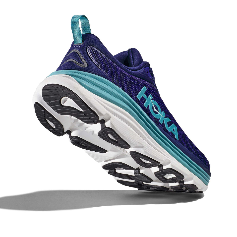 A view of the majority of the outsole on the right shoe from a pair of Hoka Women's Gaviota 5 Running Shoes in the Bellweather Blue/Evening Sky colourway (7922059575458)