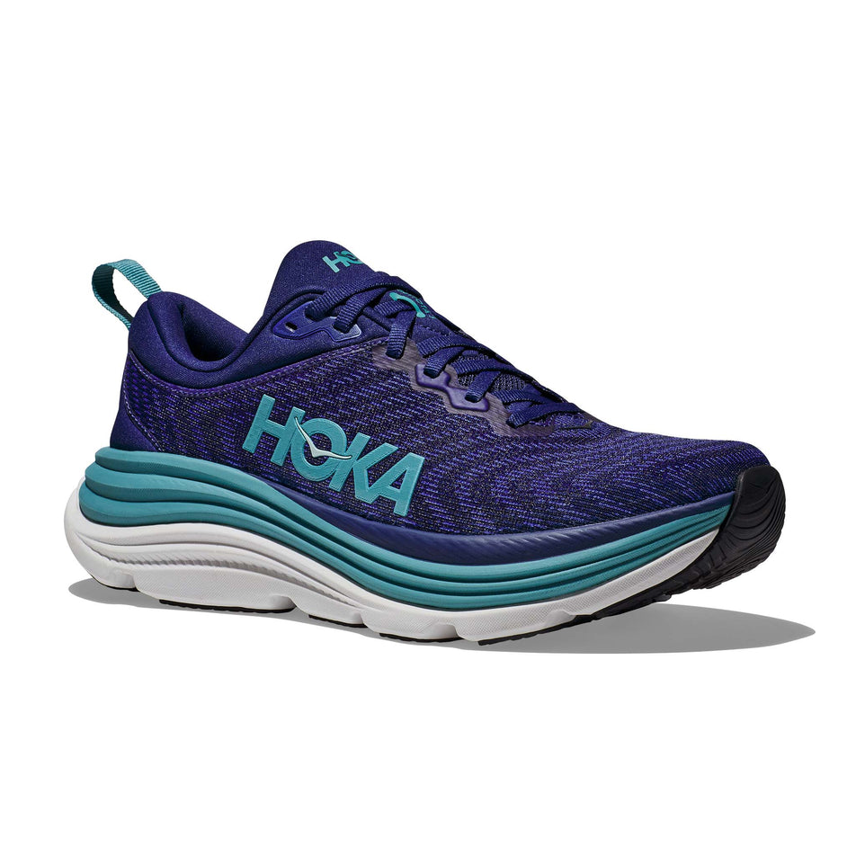 Lateral side of the right shoe from a pair of Hoka Women's Gaviota 5 Running Shoes in the Bellweather Blue/Evening Sky colourway (7922059575458)