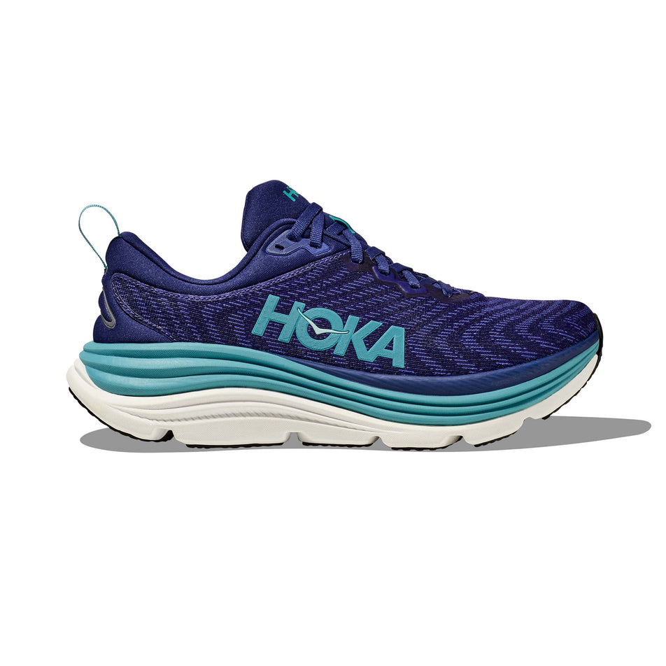 Lateral side of the right shoe from a pair of Hoka Women's Gaviota 5 Running Shoes in the Bellweather Blue/Evening Sky colourway (7922059575458)