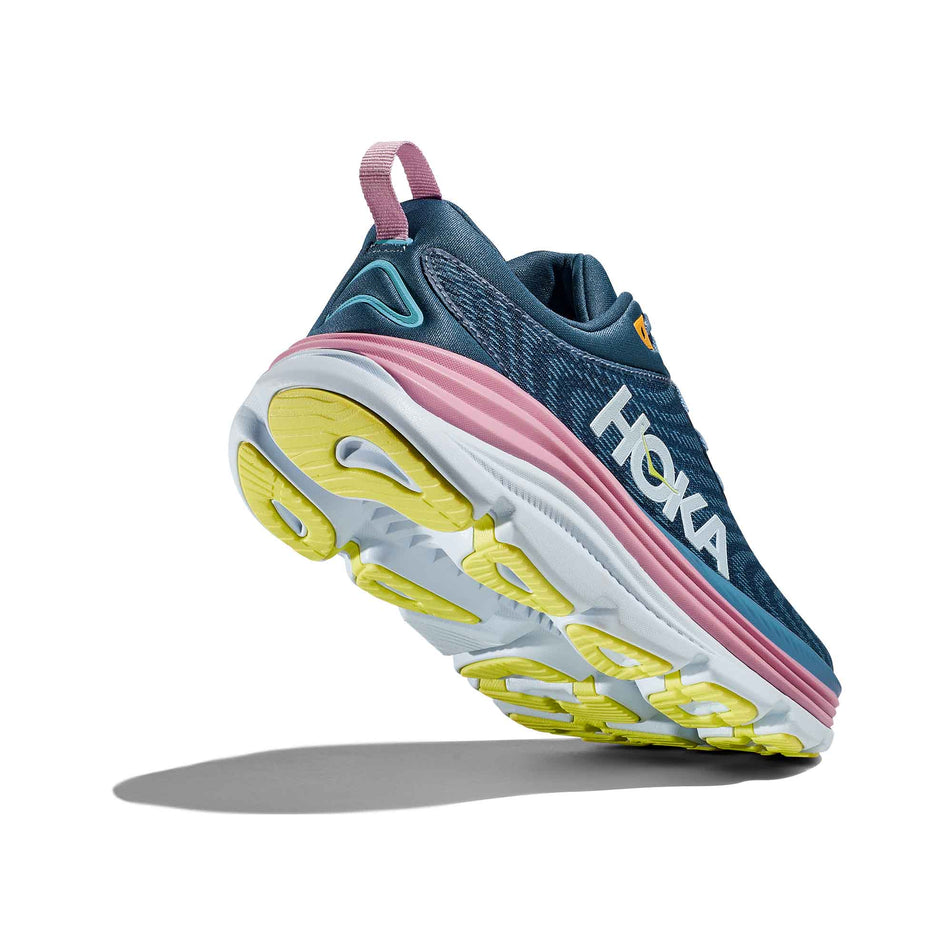 Lateral side of - and the outsole of - the right shoe from a pair of HOKA Women's Gaviota 5 Running Shoes in the Real Teal/Shadow colourway (8146248368290)