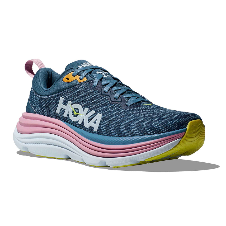 Lateral side of the right shoe from a pair of HOKA Women's Gaviota 5 Running Shoes in the Real Teal/Shadow colourway (8146248368290)