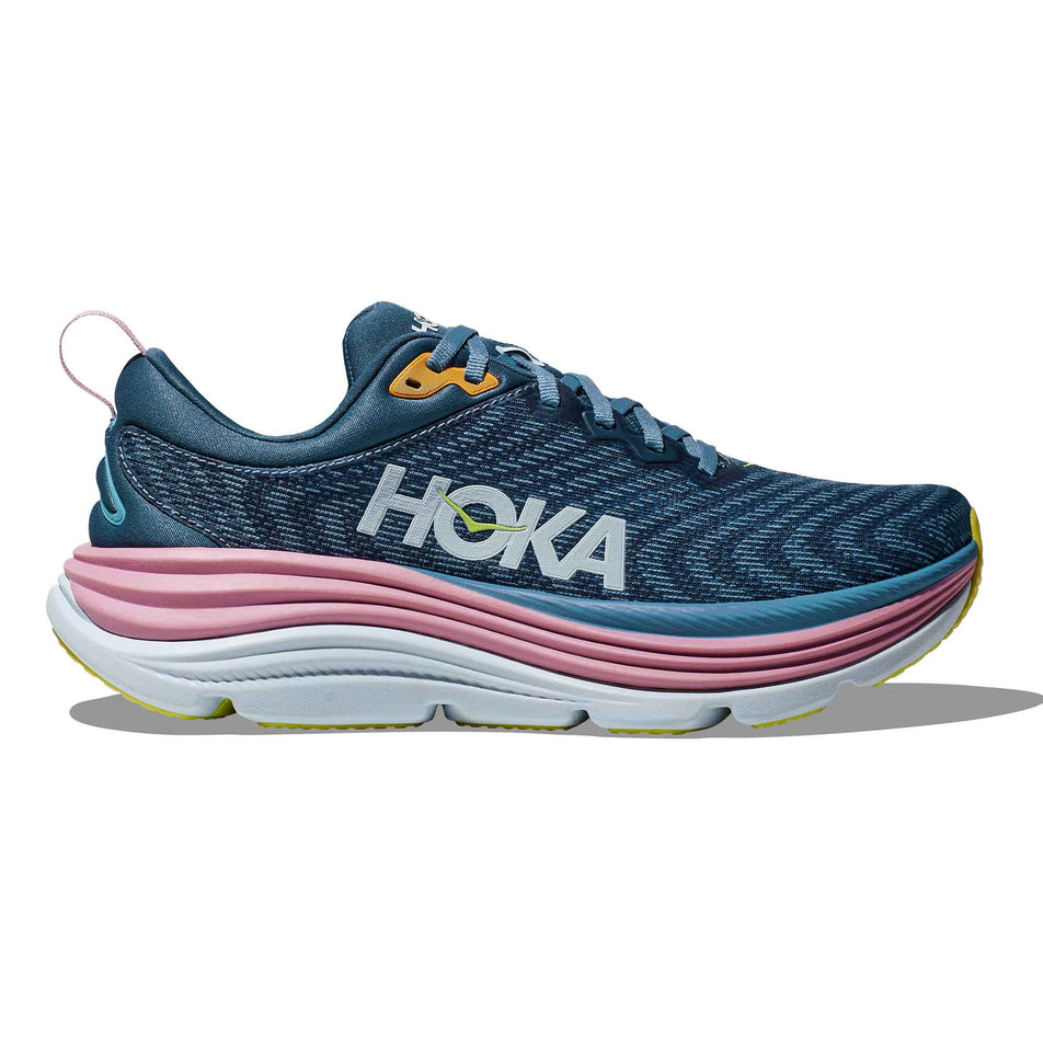 Lateral side of the right shoe from a pair of HOKA Women's Gaviota 5 Running Shoes in the Real Teal/Shadow colourway (8146248368290)