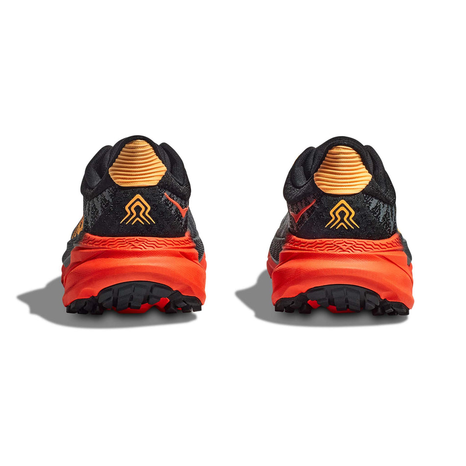 The heel units on a pair of Hoka Men's Challenger ATR 7 Running Shoes in the Castlerock/Flame colourway (7922041159842)