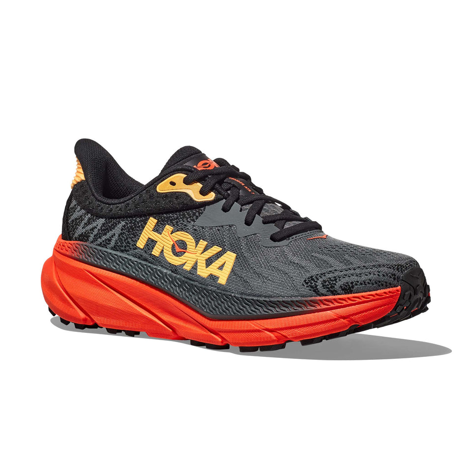Lateral side of the right shoe from a pair of Hoka Men's Challenger ATR 7 Running Shoes in the Castlerock/Flame colourway (7922041159842)