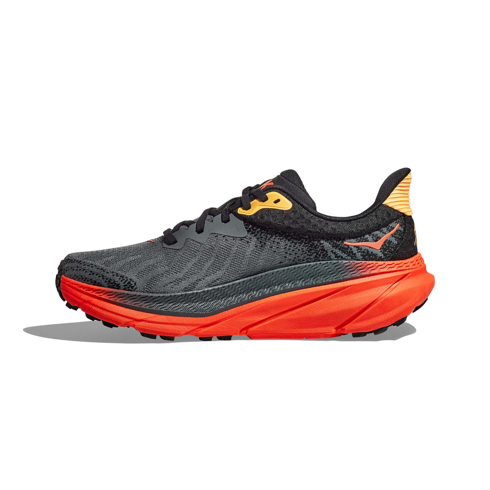 Medial side of the right shoe from a pair of Hoka Men's Challenger ATR 7 Running Shoes in the Castlerock/Flame colourway (7922041159842)