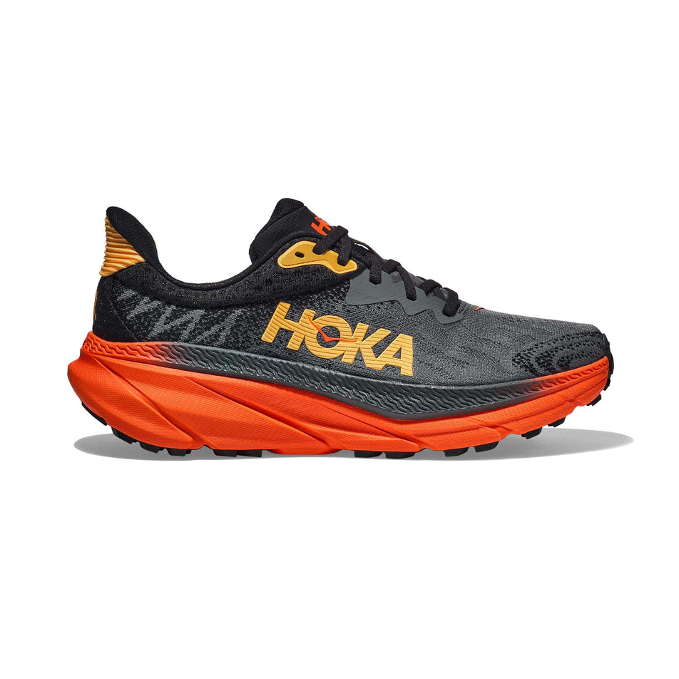 Lateral side of the right shoe from a pair of Hoka Men's Challenger ATR 7 Running Shoes in the Castlerock/Flame colourway (7922041159842)