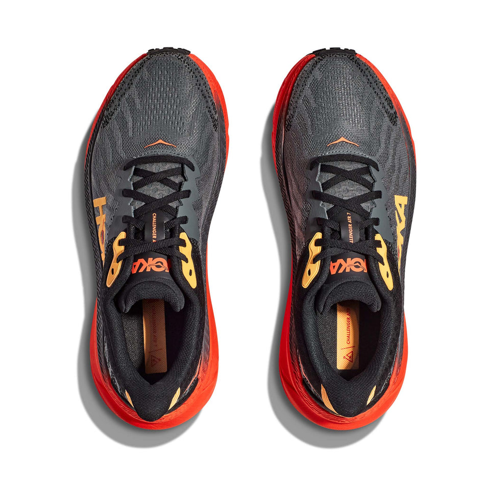 The uppers on a pair of Hoka Men's Challenger ATR 7 Running Shoes in the Castlerock/Flame colourway (7922041159842)