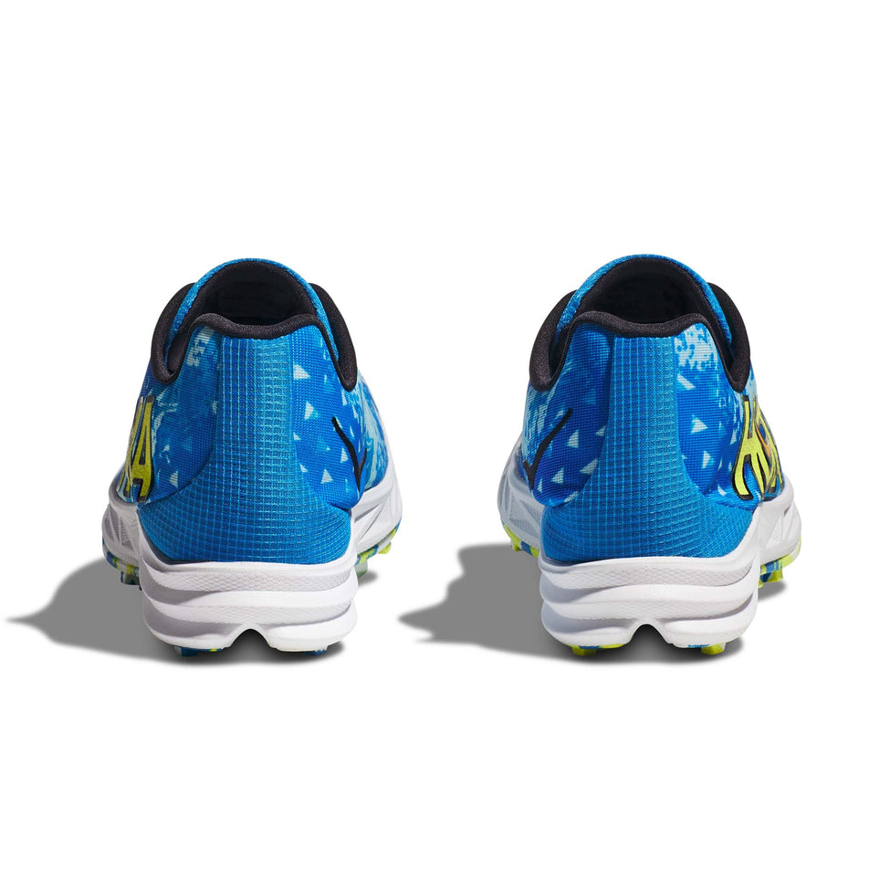 The heel units on a pair of Hoka Unisex Crescendo XC Spikes in the Diva Blue/Evening Primrose colourway (7922066096290)