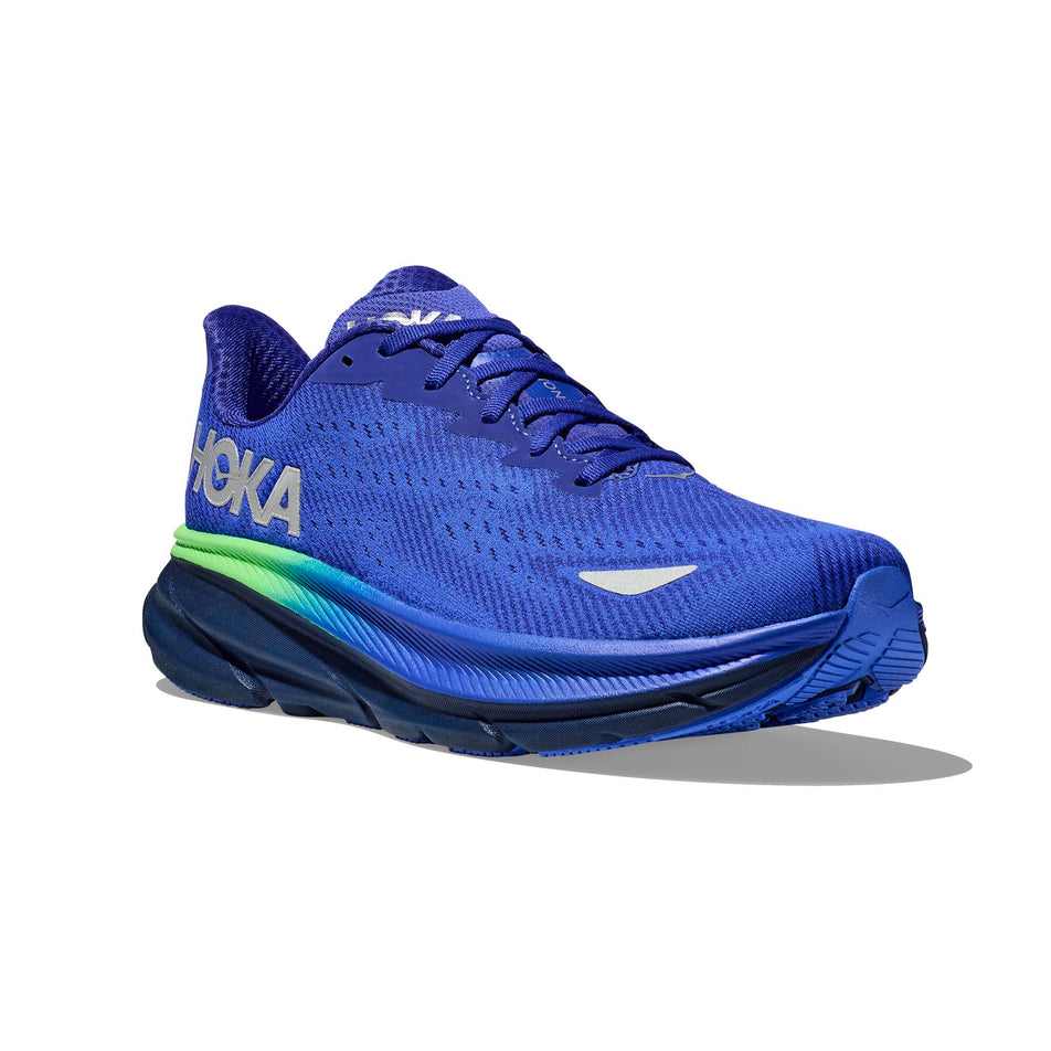 Lateral side of the right shoe from a pair of Hoka Men's Clifton 9 GTX Running Shoes in the Dazzling Blue/Evening Sky colourway (7922027266210)