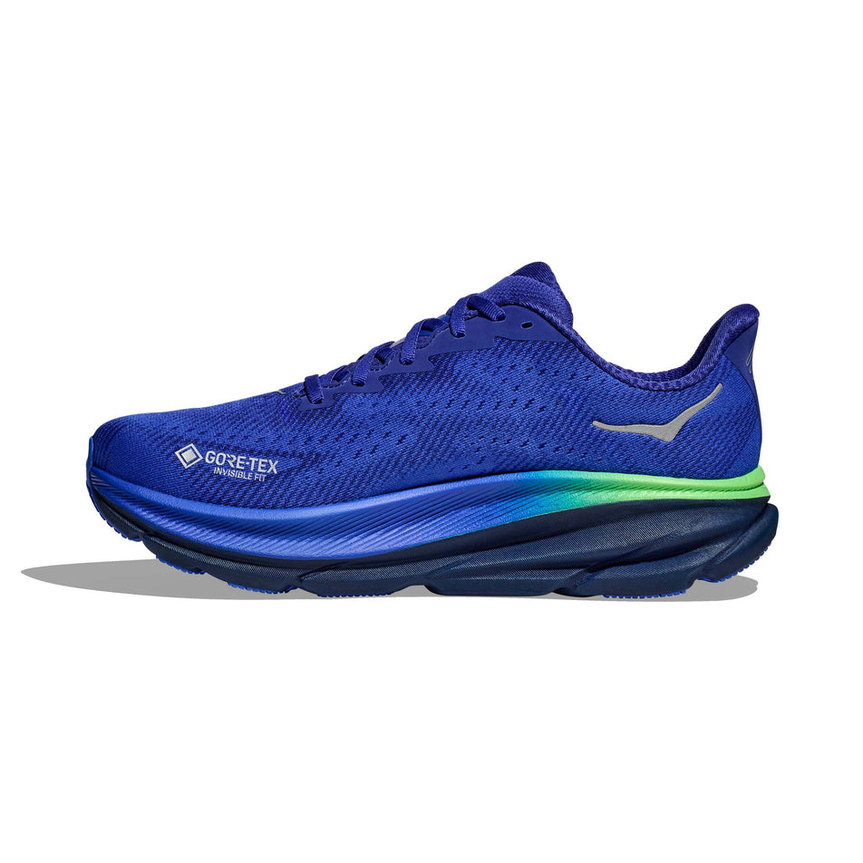 Medial side of the right shoe from a pair of Hoka Men's Clifton 9 GTX Running Shoes in the Dazzling Blue/Evening Sky colourway (7922027266210)