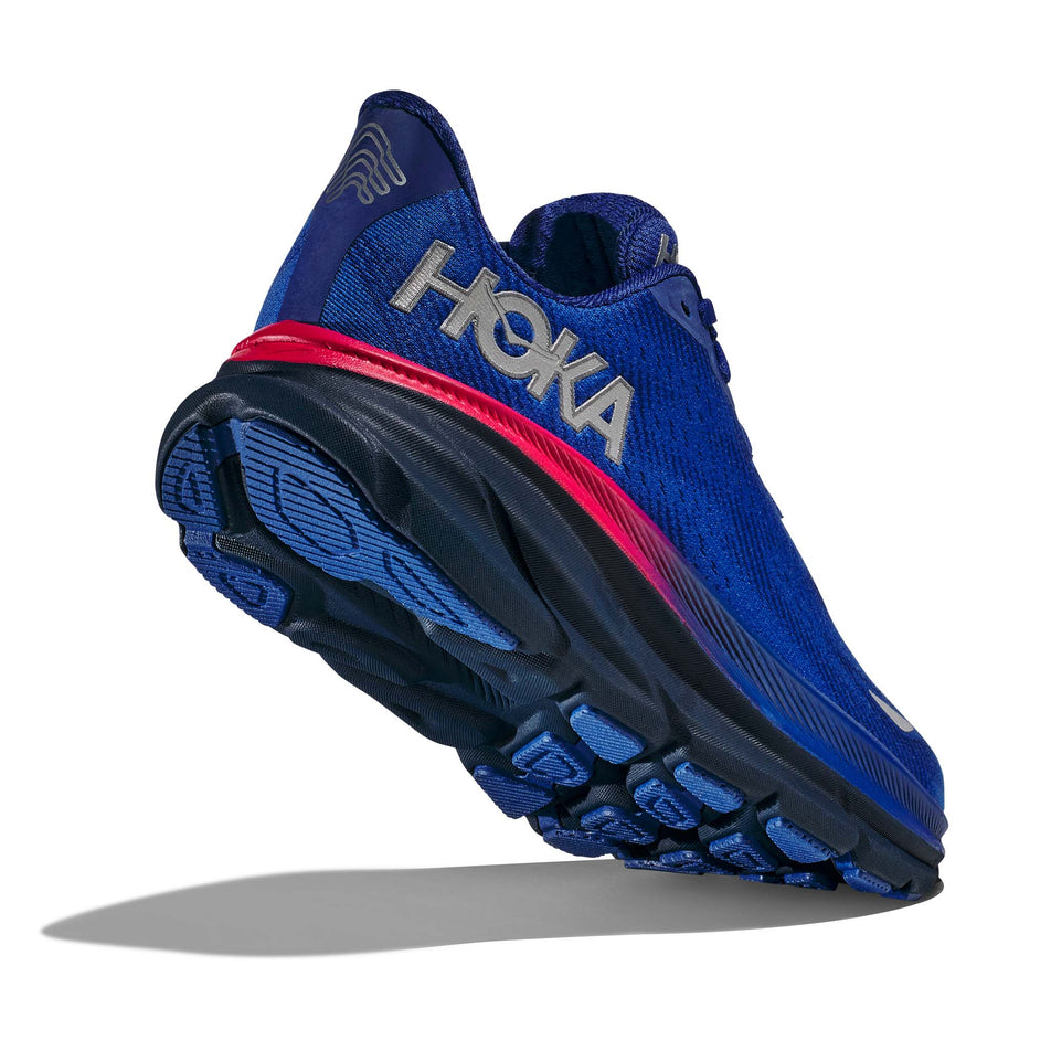 A view of the majority of the outsole on the right shoe from a pair of Hoka Women's Clifton 9 GTX Running Shoes in the Dazzling Blue/Evening Sky colourway (7922050760866)