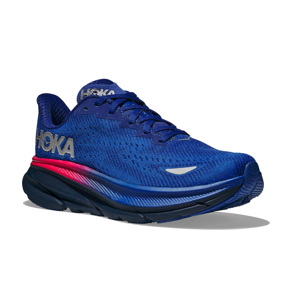 Lateral side of the right shoe from a pair of Hoka Women's Clifton 9 GTX Running Shoes in the Dazzling Blue/Evening Sky colourway (7922050760866)