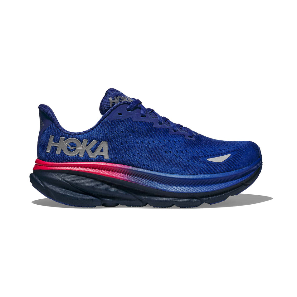 Lateral side of the right shoe from a pair of Hoka Women's Clifton 9 GTX Running Shoes in the Dazzling Blue/Evening Sky colourway (7922050760866)