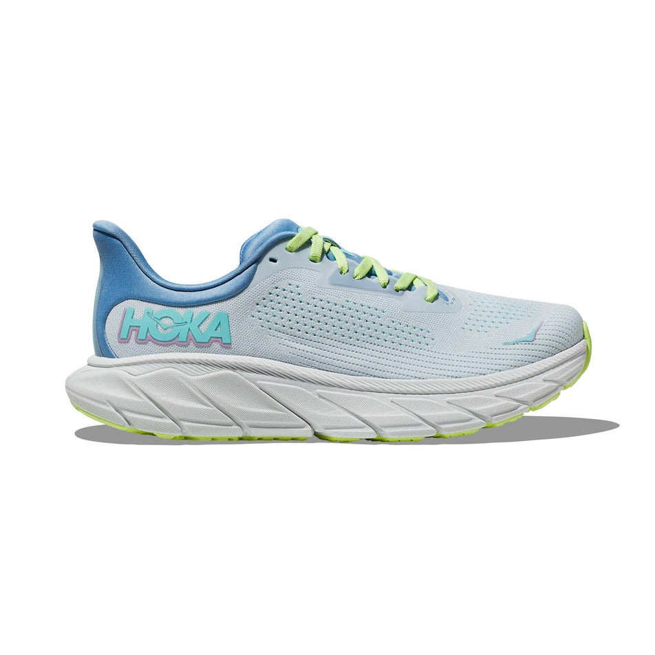 Lateral side of the right shoe from a pair of HOKA Women's Arahi 7 Running Shoes in the Illusion/Dusk colourway (8144925098146)