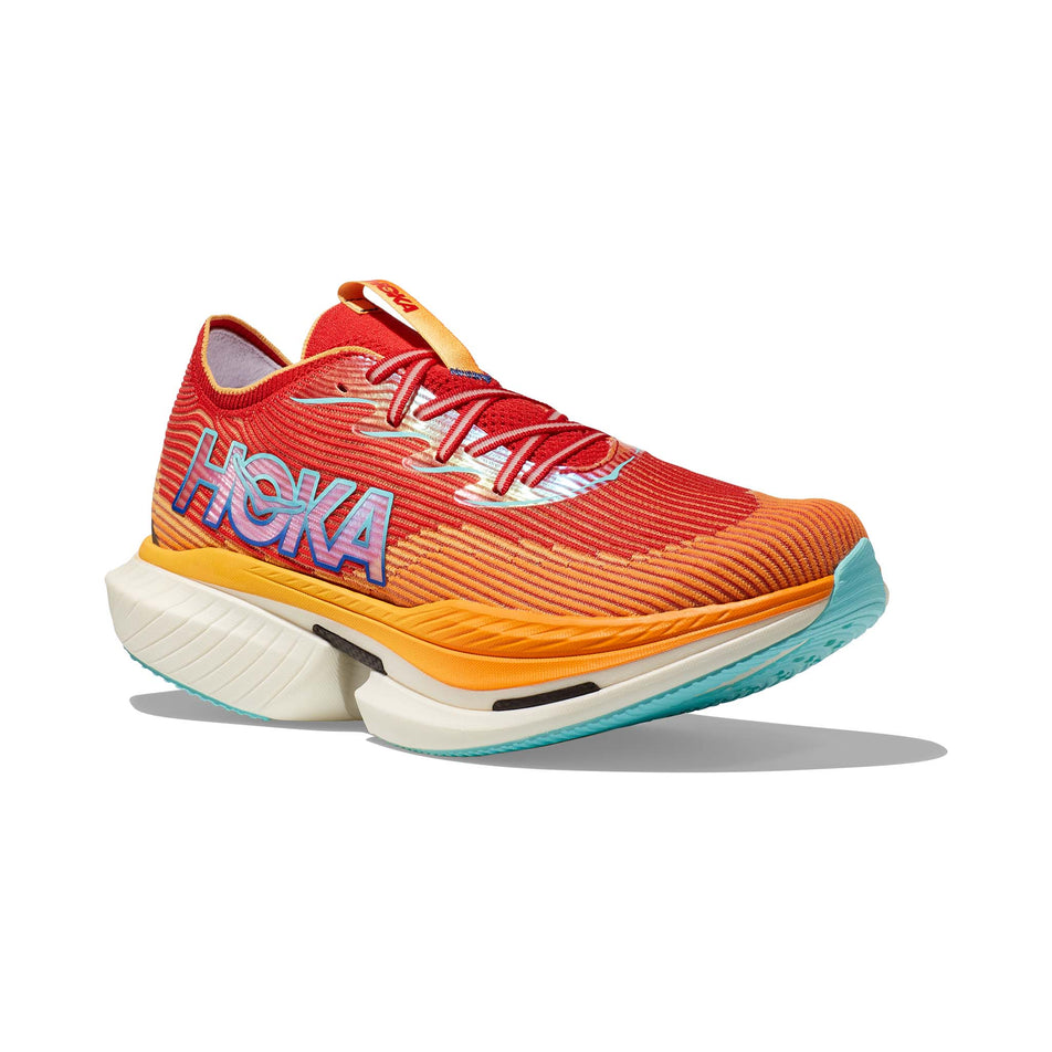 Lateral side of the right shoe from a pair of HOKA Unisex Cielo X1 Running Shoes in the Cerise/Solar Flare colourway (8232930541730)