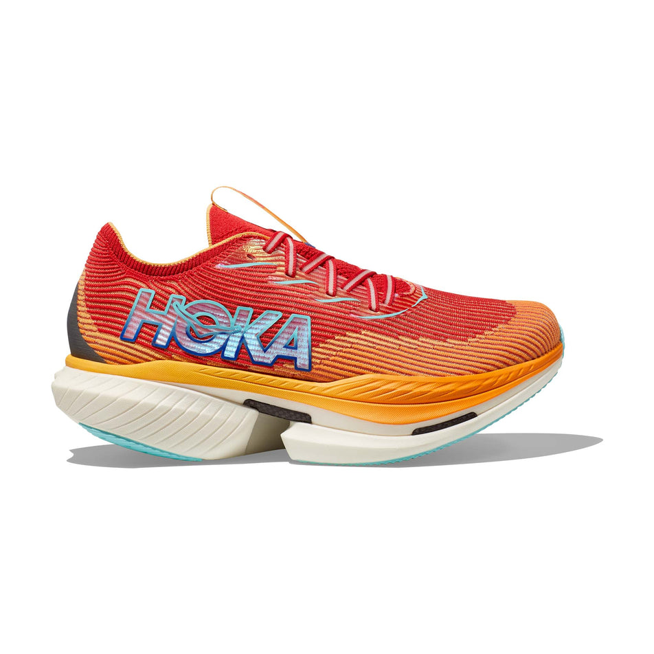 Lateral side of the right shoe from a pair of HOKA Unisex Cielo X1 Running Shoes in the Cerise/Solar Flare colourway  (8232930541730)