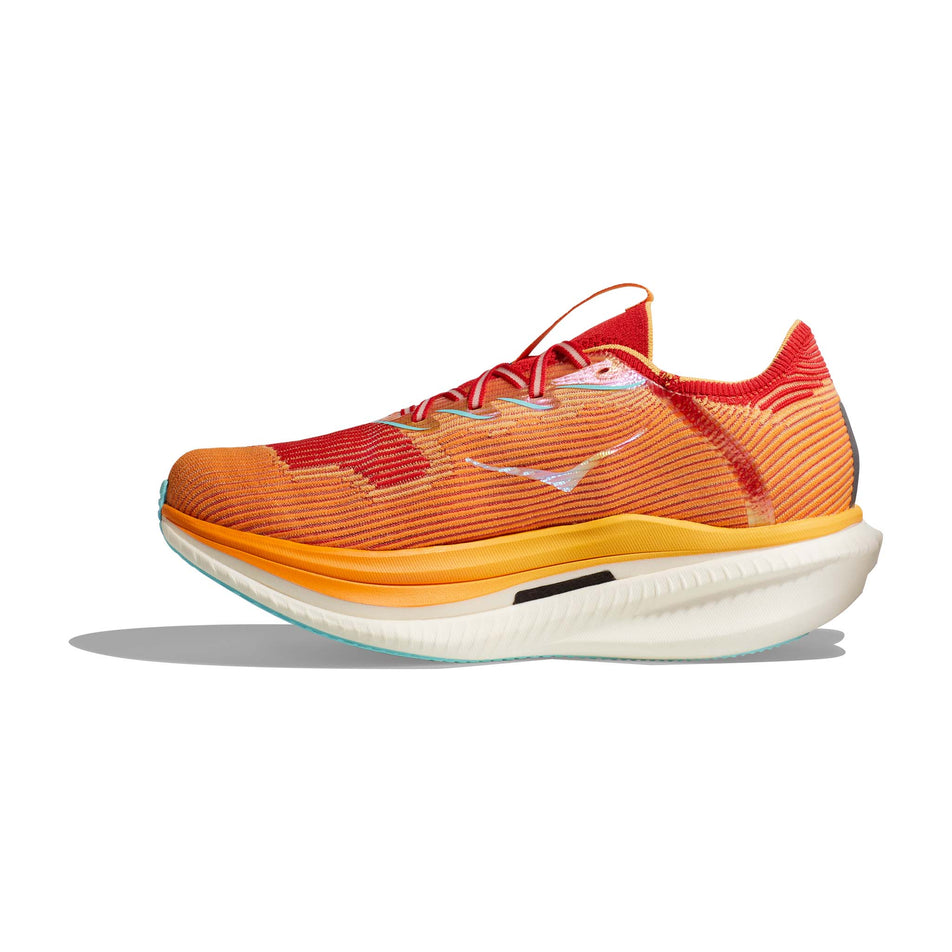 Medial side of the right shoe from a pair of HOKA Unisex Cielo X1 Running Shoes in the Cerise/Solar Flare colourway (8232930541730)