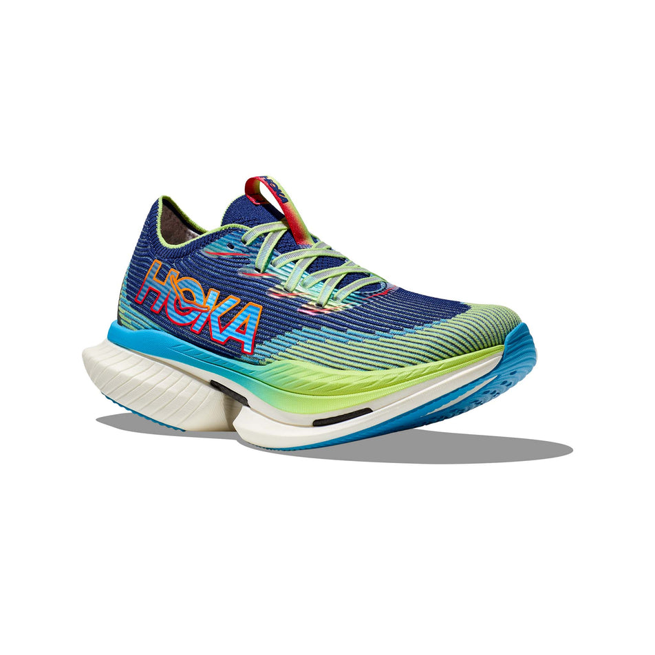 Lateral side of the right shoe from a pair of HOKA Unisex Cielo X1 Running Shoes in the Evening Sky/Lettuce colourway (8164223877282)