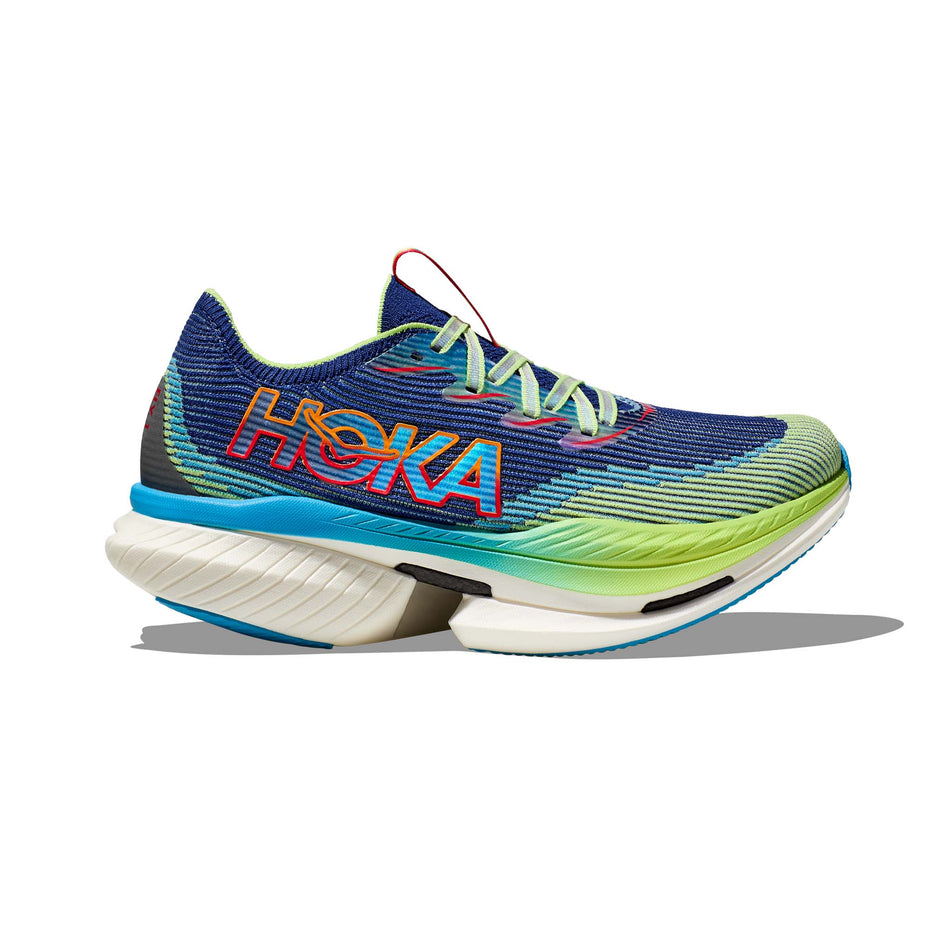 Lateral side of the right shoe from a pair of HOKA Unisex Cielo X1 Running Shoes in the Evening Sky/Lettuce colourway (8164223877282)