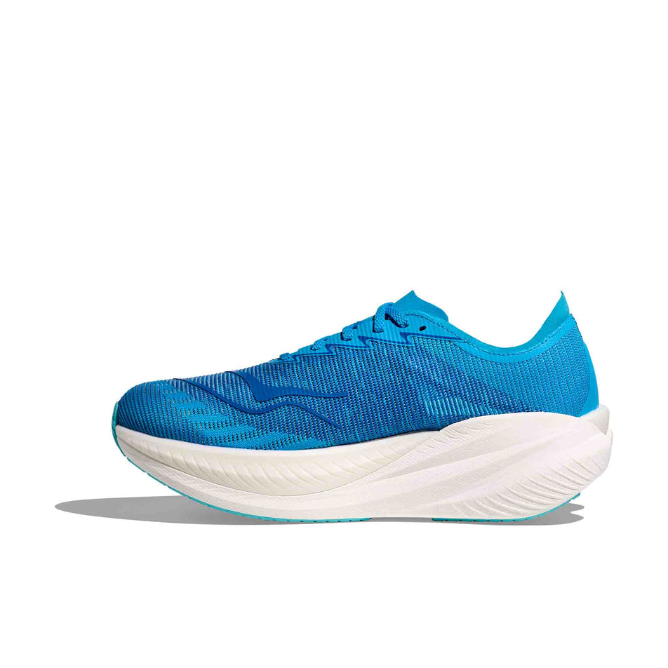 Medial view of the right shoe from a pair of HOKA Men's Mach X 2 Running Shoes in the Skyward Blue/Electric Cobalt colourway. (8580370858146)