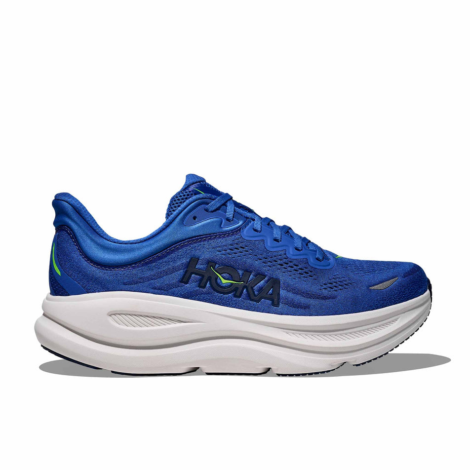 Lateral view of the right shoe from a pair of HOKA Men's Bondi 9 Running Shoes in the Cobalt Blue/Ultramarine colourway.