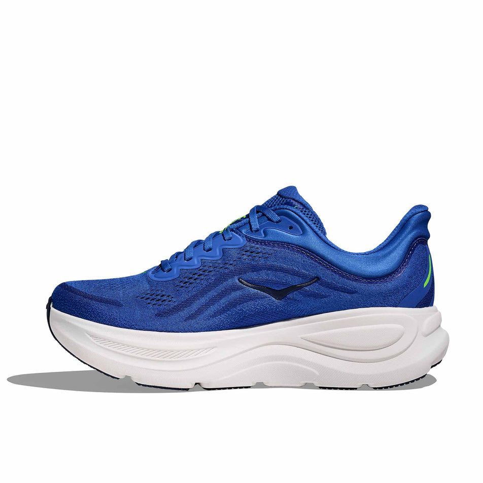 Medial view of the right shoe from a pair of HOKA Men's Bondi 9 Running Shoes in the Cobalt Blue/Ultramarine colourway.
