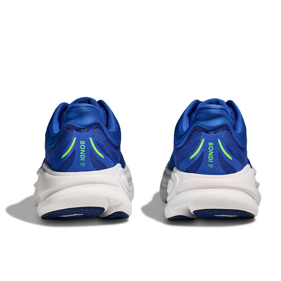 The back of a pair of HOKA Men's Bondi 9 Running Shoes in the Cobalt Blue/Ultramarine colourway.