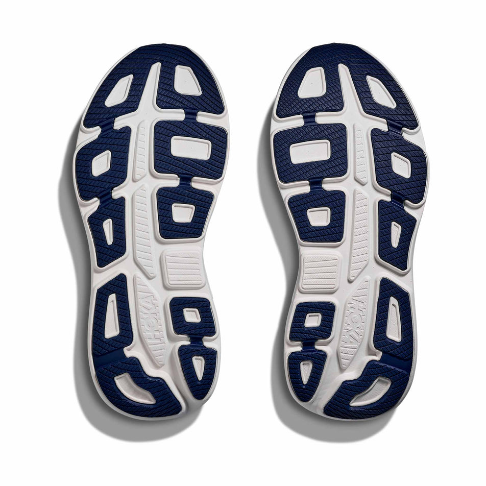 The outsoles of a pair of HOKA Men's Bondi 9 Running Shoes in the Cobalt Blue/Ultramarine colourway.