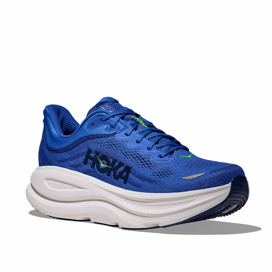Lateral view of the right shoe from a pair of HOKA Men's Bondi 9 Running Shoes in the Cobalt Blue/Ultramarine colourway.