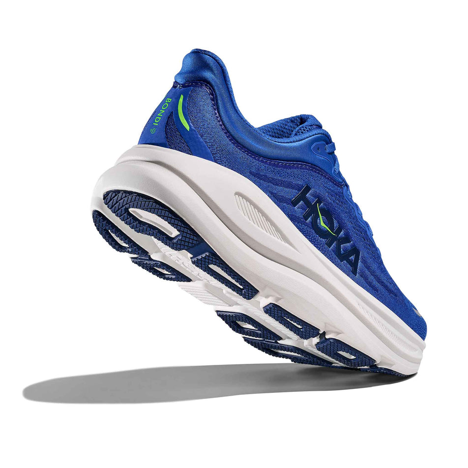 Lateral - and outsole - view of the right shoe from a pair of HOKA Men's Bondi 9 Running Shoes in the Cobalt Blue/Ultramarine colourway.