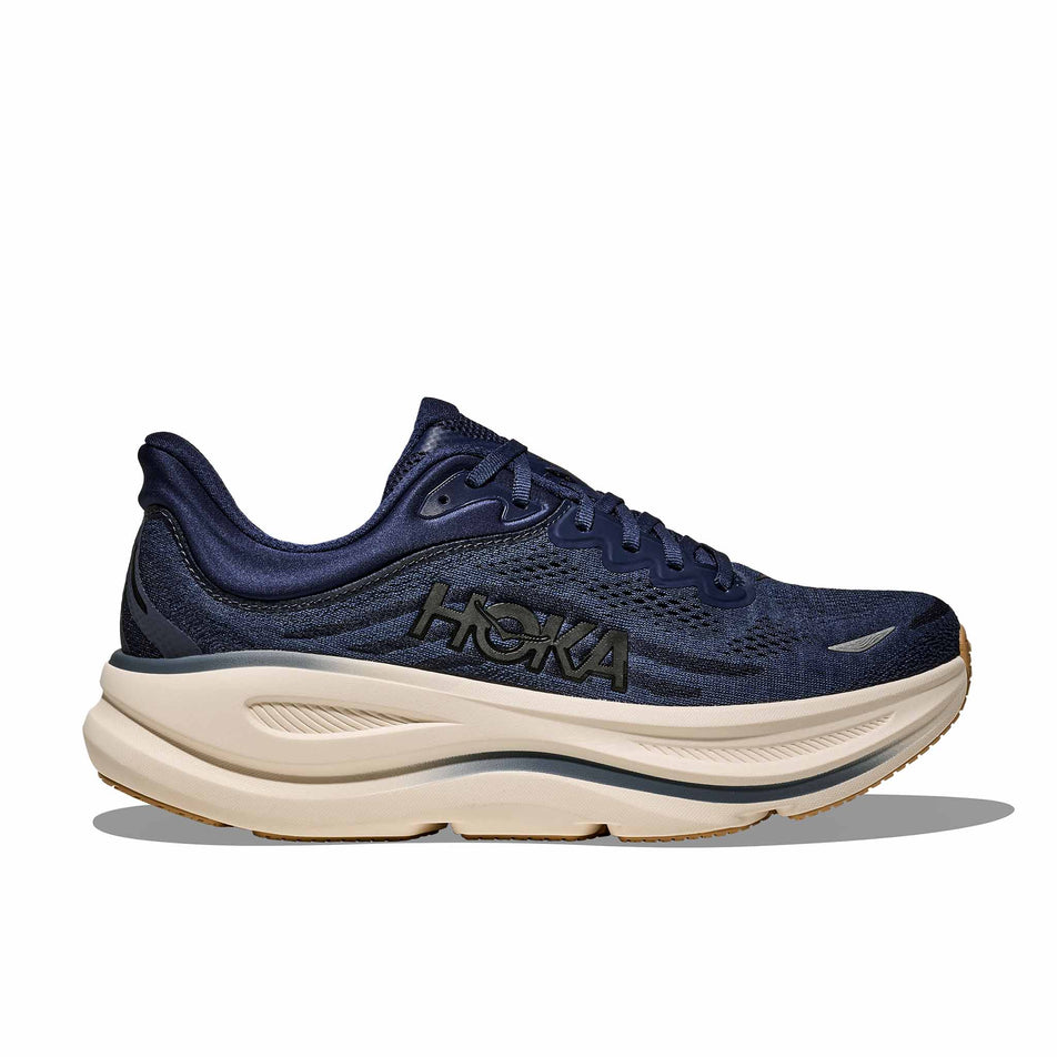 Lateral view of the right shoe from a pair of HOKA Men's Bondi 9 Running Shoes in the Midnight Blue/Varsity Navy colourway.