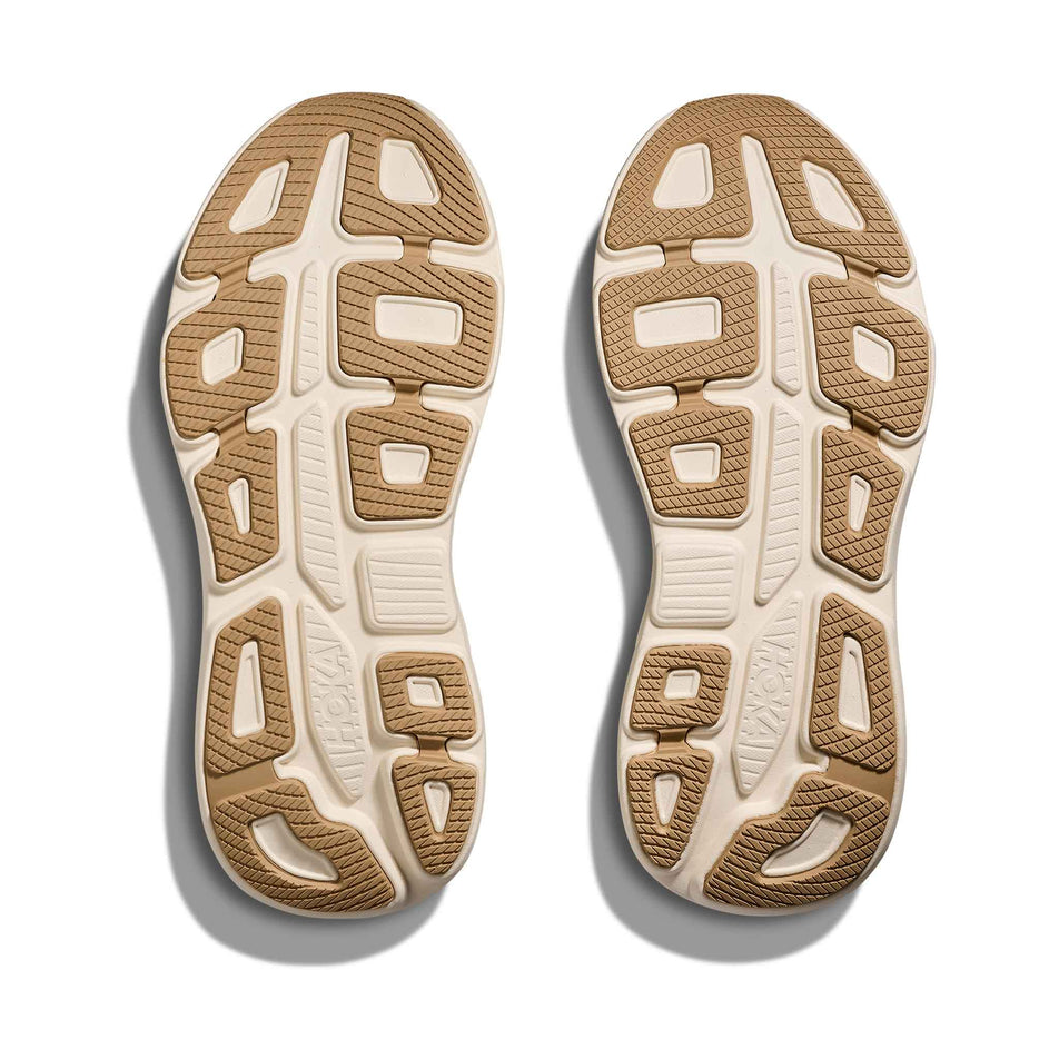 The outsoles of a pair of HOKA Men's Bondi 9 Running Shoes in the Midnight Blue/Varsity Navy colourway.