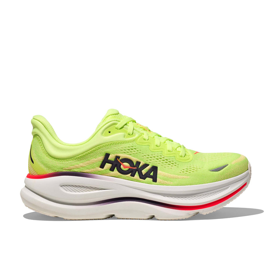 Lateral view of the right shoe from a pair of HOKA Men's Bondi 9 Running Shoes in the Neon Yuzu/Sunlight colourway.
