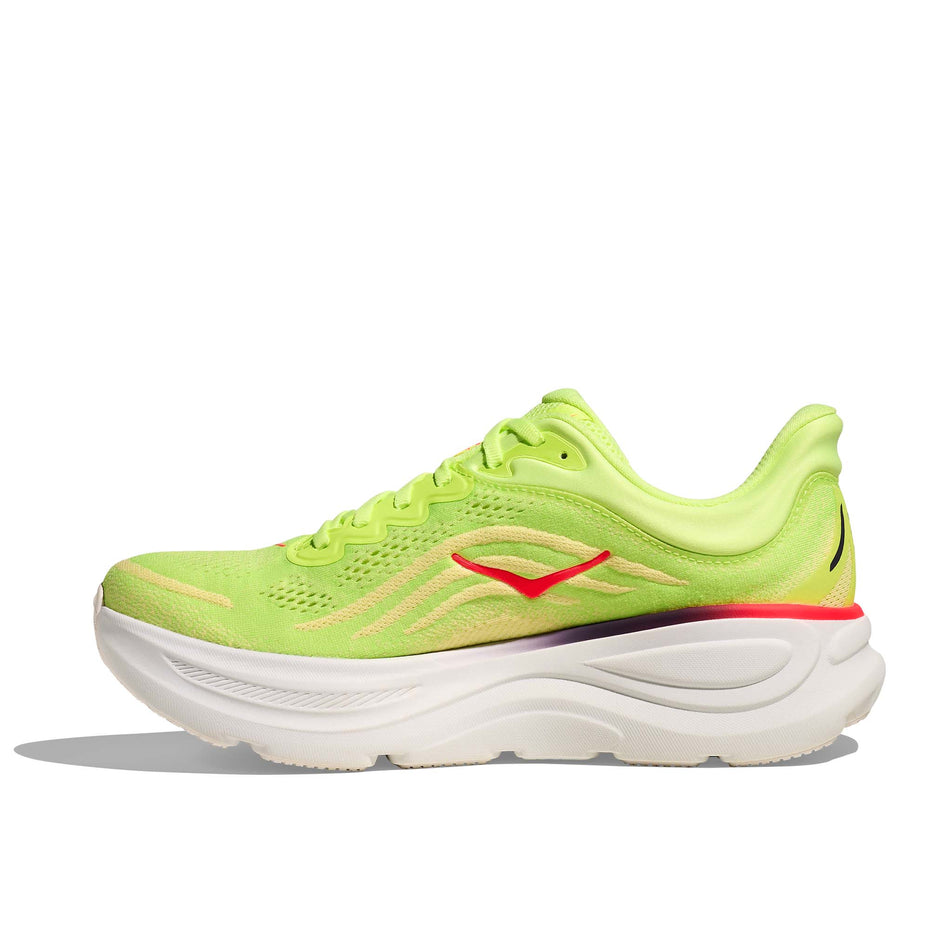 Medial view of the right shoe from a pair of HOKA Men's Bondi 9 Running Shoes in the Neon Yuzu/Sunlight colourway.