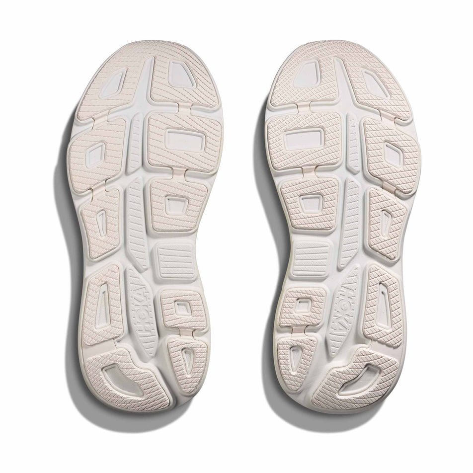The outsoles of a pair of HOKA Men's Bondi 9 Running Shoes in the Neon Yuzu/Sunlight colourway.