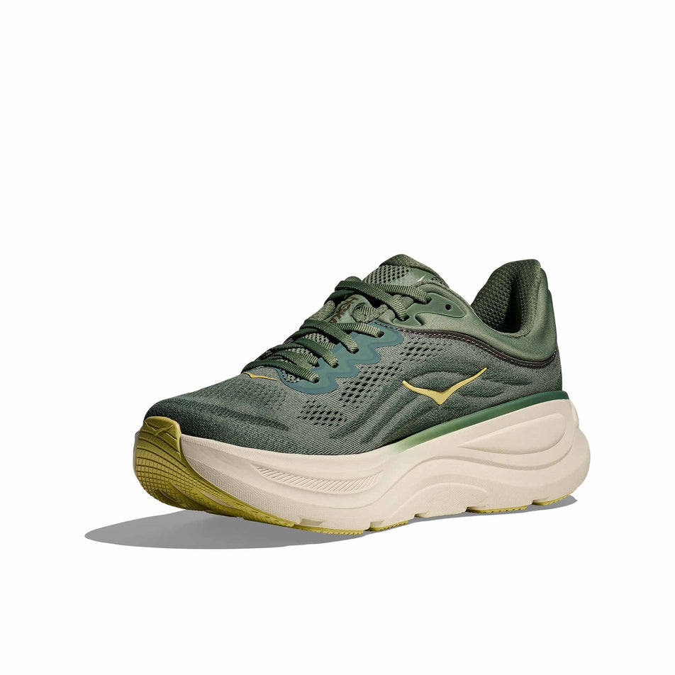 Medial view of the right shoe from a pair of HOKA Men's Bondi 9 Running Shoes in the Succulent/Fern colourway. (8689203642530)