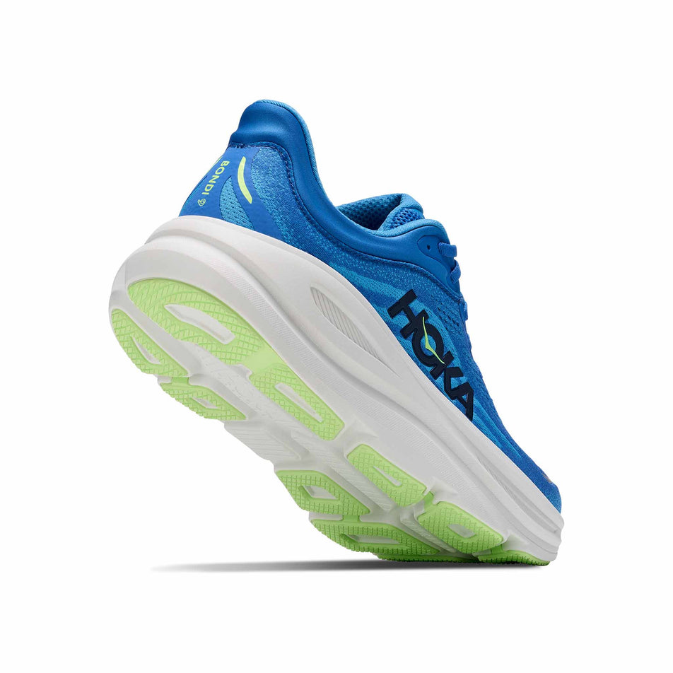 Lateral - and outsole - view of the right shoe from a pair of HOKA Men's Bondi 9 Running Shoes in the Virtual Blue/Soft Cobalt colourway.