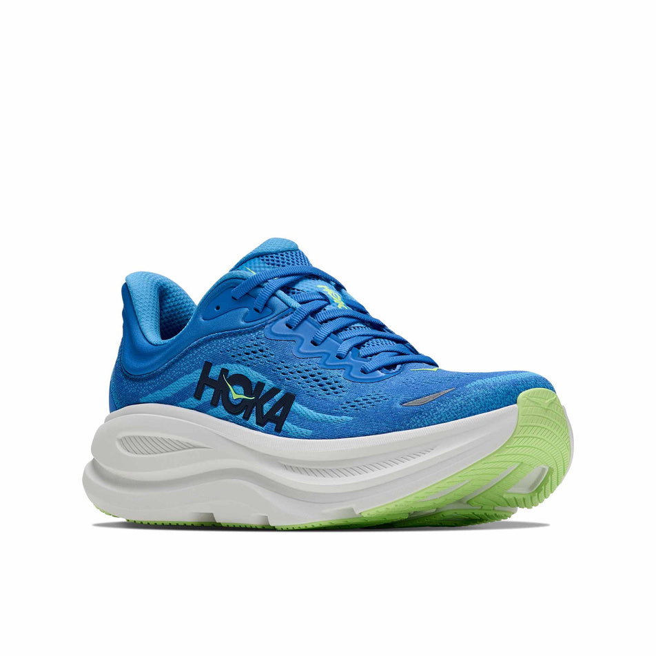 Lateral view of the right shoe from a pair of HOKA Men's Bondi 9 Running Shoes in the Virtual Blue/Soft Cobalt colourway.