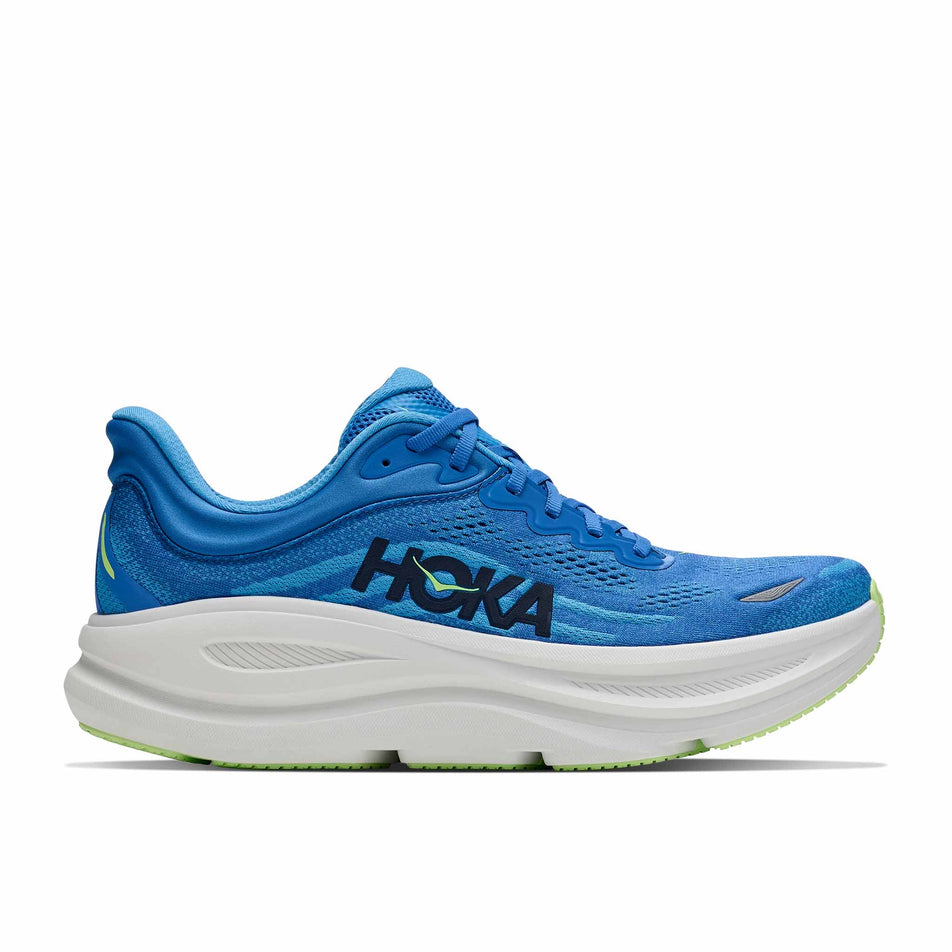 Lateral view of the right shoe from a pair of HOKA Men's Bondi 9 Running Shoes in the Virtual Blue/Soft Cobalt colourway.