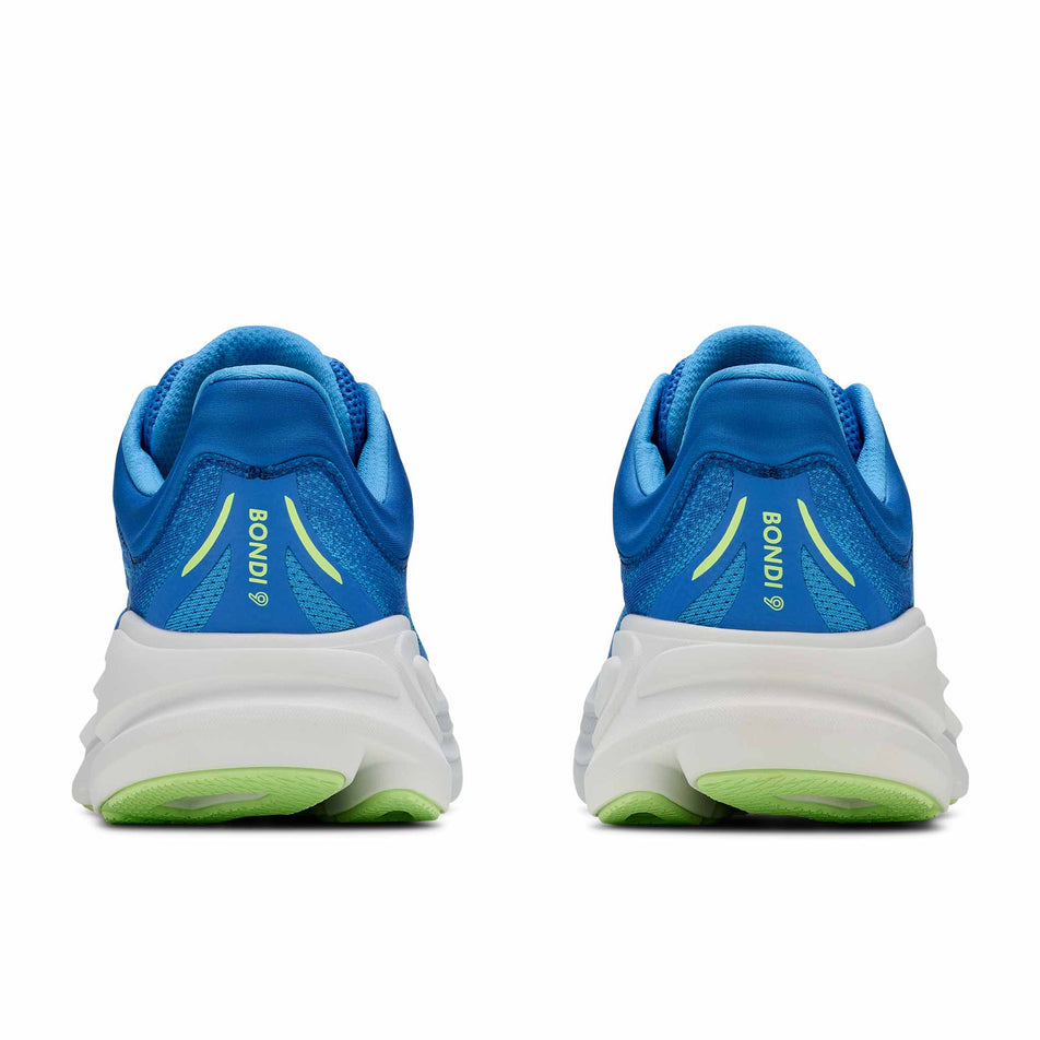 The back of a pair of HOKA Men's Bondi 9 Running Shoes in the Virtual Blue/Soft Cobalt colourway.