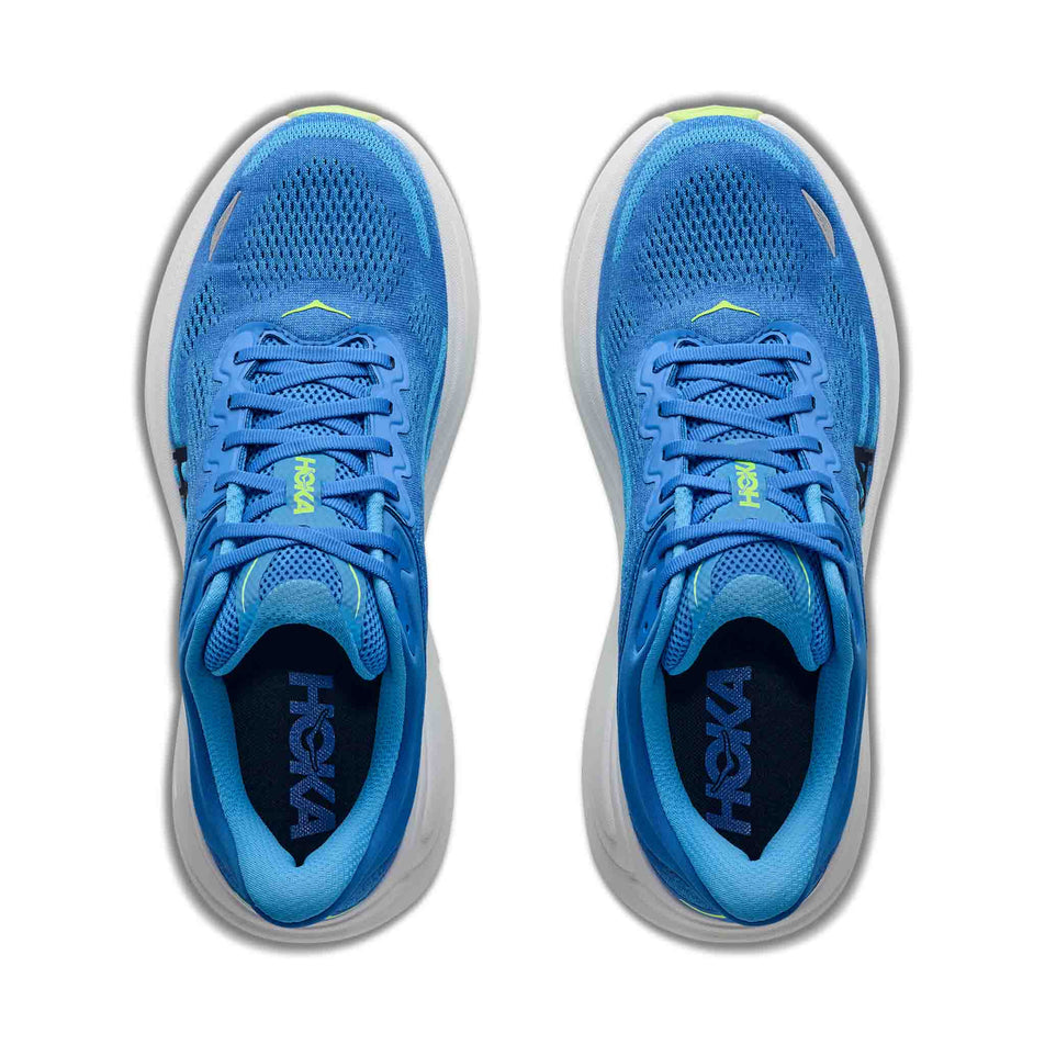 The uppers of a pair of HOKA Men's Bondi 9 Running Shoes in the Virtual Blue/Soft Cobalt colourway.