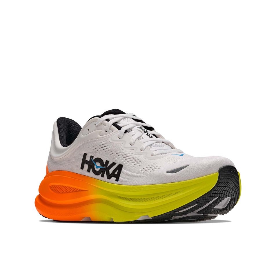 Lateral view of the right shoe from a pair of HOKA Men's Bondi 9 Running Shoes in the White/Neon Tangerine colourway.