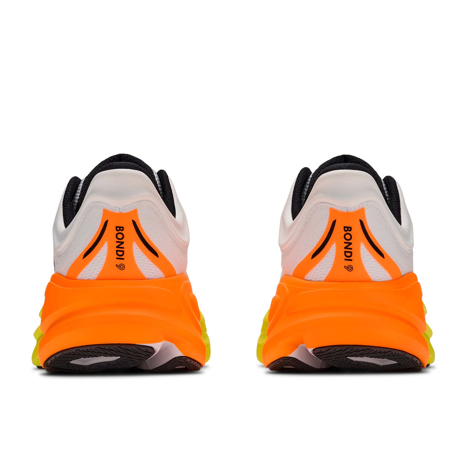 The back of a pair of HOKA Men's Bondi 9 Running Shoes in the White/Neon Tangerine colourway.