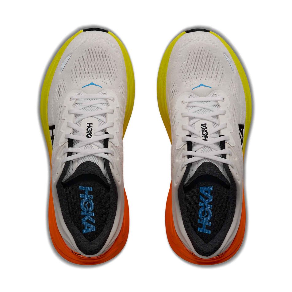 The uppers of a pair of HOKA Men's Bondi 9 Running Shoes in the White/Neon Tangerine colourway.