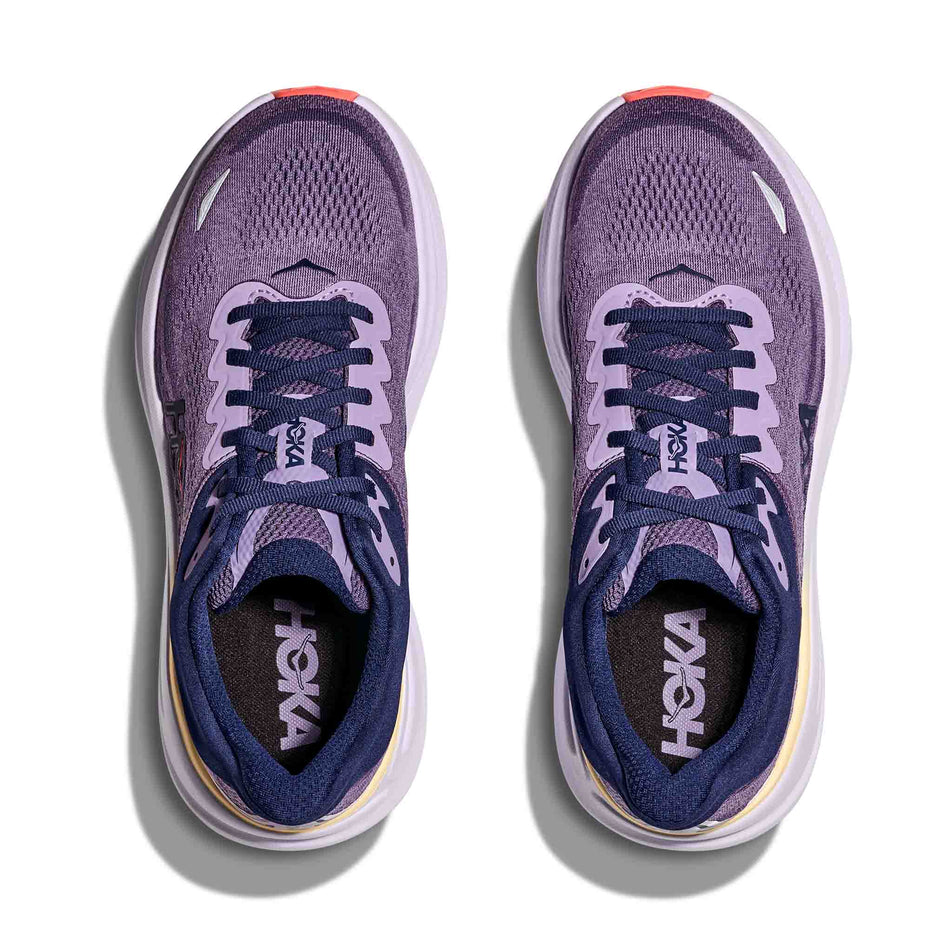 The uppers of a pair of HOKA Women's Bondi 9 Running Shoes in the Berry Jam/Berry Patch colourway.