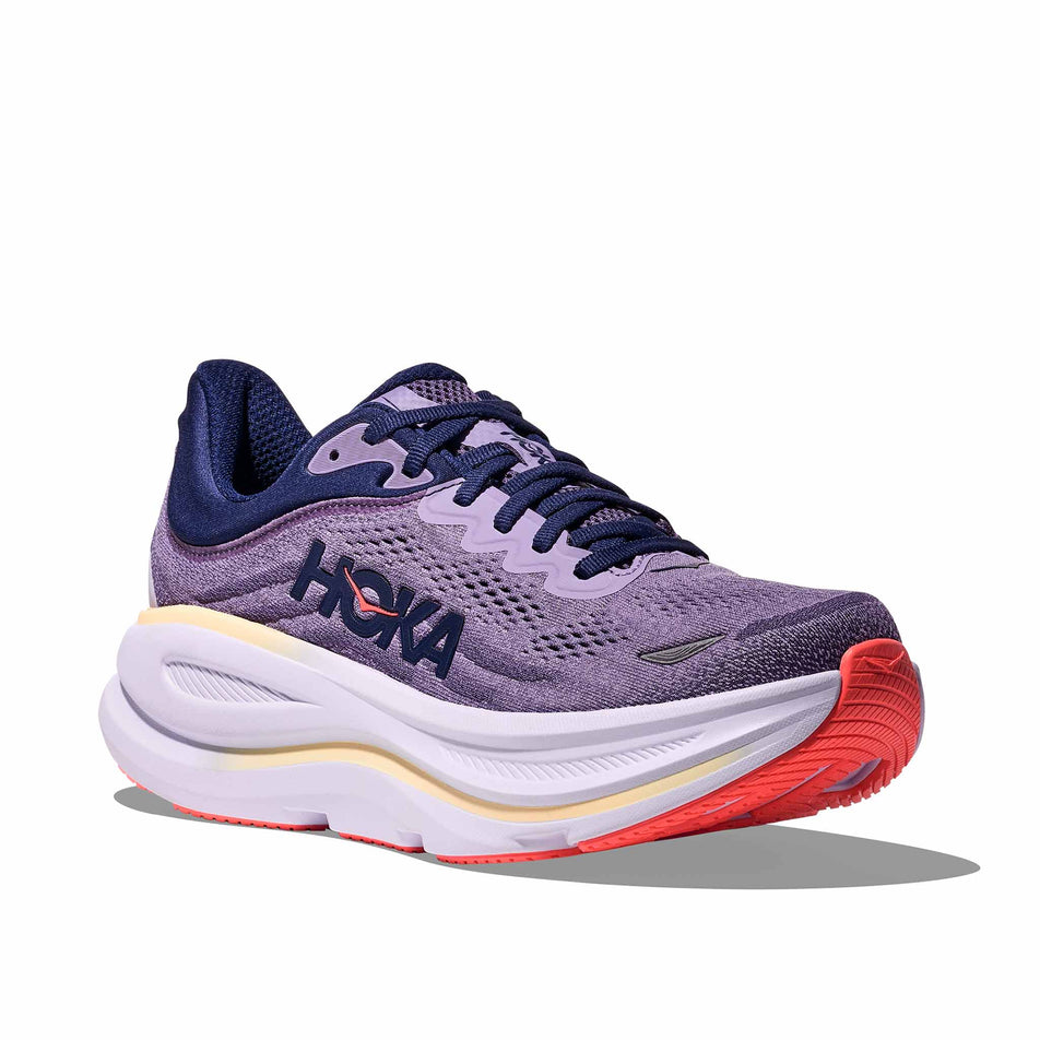 Lateral view of the right shoe from a pair of HOKA Women's Bondi 9 Running Shoes in the Berry Jam/Berry Patch colourway.