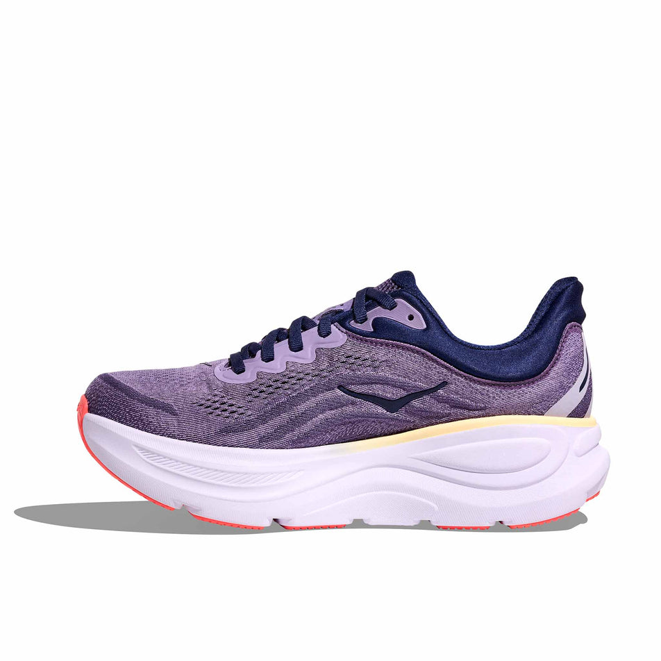 Medial view of the right shoe from a pair of HOKA Women's Bondi 9 Running Shoes in the Berry Jam/Berry Patch colourway.