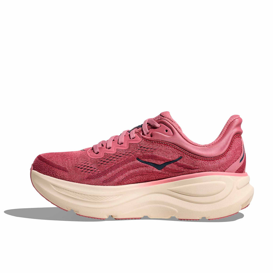 Medial view of the right shoe from a pair of HOKA Women's Bondi 9 Running Shoes in the Lingonberry/Cranberry colourway.